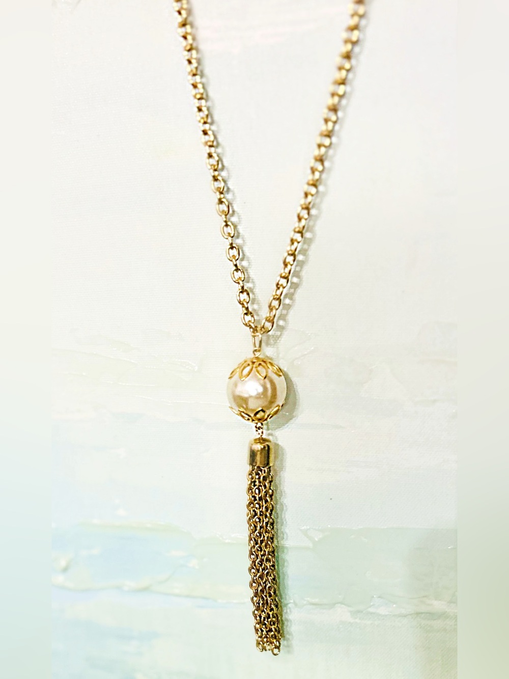 Vintage Gold-Tone Pearl Tassel Pendant Necklace